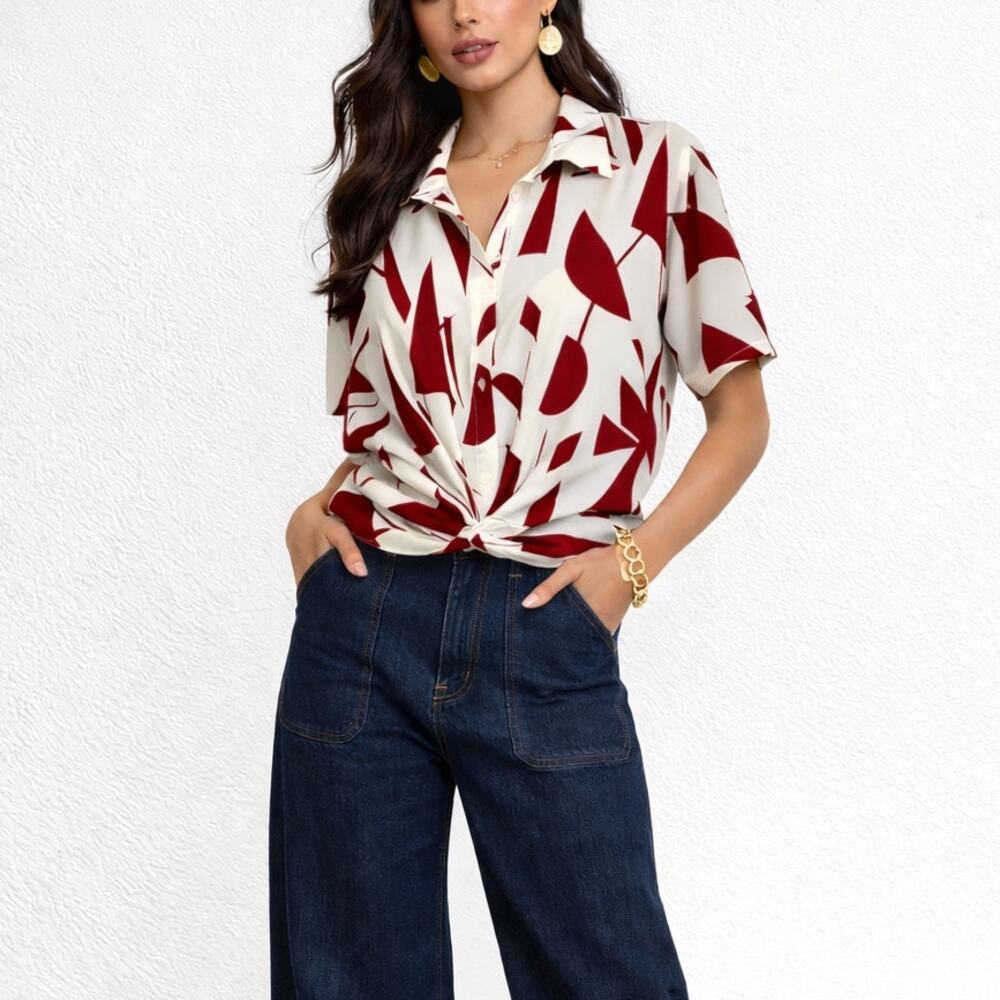 Nina Parker Women's Print Top Sz. 1X Casual Relaxed Cropped Button Up - Picture 2 of 9